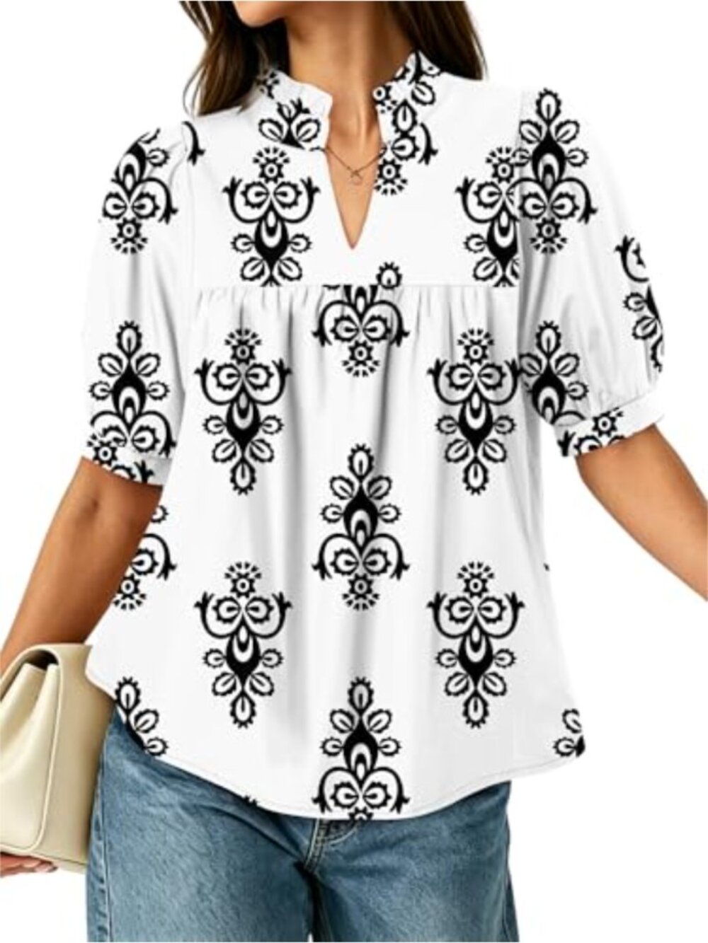 Womens Puff Sleeve V Neck Blouse Babydoll Peplum Pleated Loose Fit Top